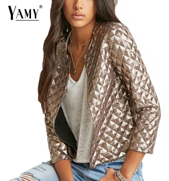 Complemento de 2016 Lezenge Women Gold Sequins Bomber Jackets Spring New Wild Wild Three Quarter Outwear Casual Golden Coats High Qual2882651