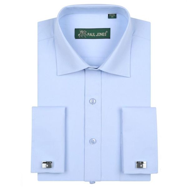 Entier-2016 hommes à manches longues français manchette solide robe chemise col écarté coton mélange coupe classique smoking chemise Cufflink239m