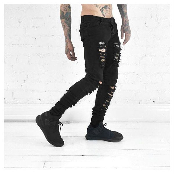 Whole-2016 nouveaux jeans pour hommes jeans déchirés pour hommes skinny en détresse slim designer biker hip hop swag noir slim jeans263z