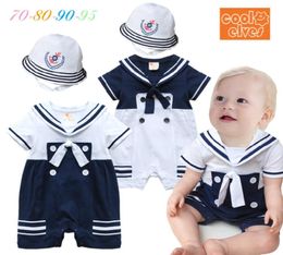 entier 2019 Nouveau petit garçon saut-gâchier Sailor Navy Style Costume Costume Coton Coton Colaire courte avec chapeau bébé combinaison 4pcslot 03age AB2702526