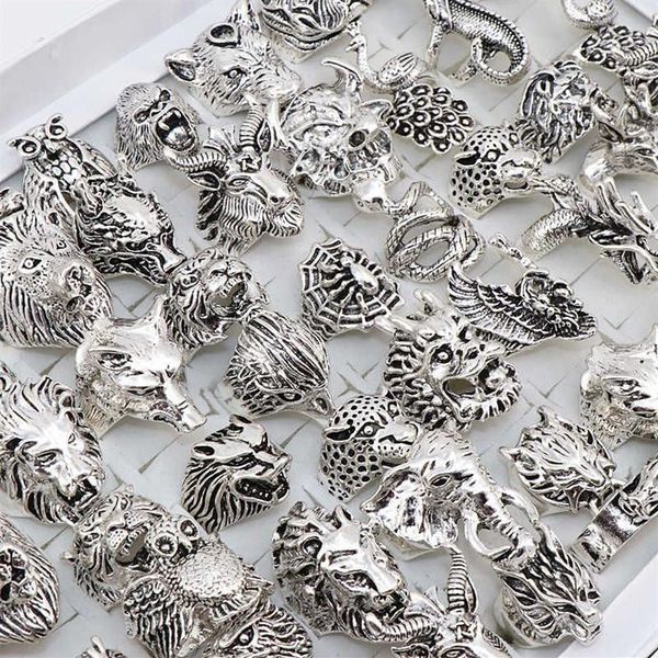 Todo 20 unids Lotes Mezcla Serpiente Búho Dragón Lobo Elefante Tigre Etc Estilo Animal Antiguos Anillos de Joyería Vintage para Hombres Mujeres 210623269g