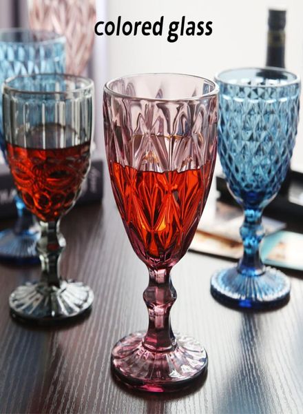 Verres à vin en verre coloré en relief, 4 couleurs entières, 240ml 300ml, type européen, épais, grand, vintage, ware5932283
