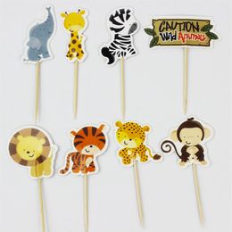 Whole-24pcs Jungle Safari Cupcake Picks Animal Cake Toppers Cartoon Cupcake Inserts Carte Anniversaire Baby Shower Kids Party Favor236H