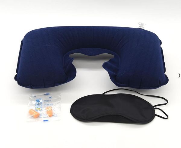 Todo 3 en 1 Juego de viaje Almohada inflable para el cuello en forma de EE. UU. Cojín de aire Mascarilla para dormir Visera Tapones para los oídos Almohada suave para el coche NH9129768