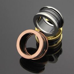 Whole-316L Titanium Staal Vergulde Rose Gold Gear Ring voor Koppels Zwart Wit Keramische Ring Jewelry295a