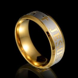 Todo 36 piezas para hombre Jesucristo chapado en oro grabado de alta calidad dentro de anillos de banda de acero inoxidable pulido 247b