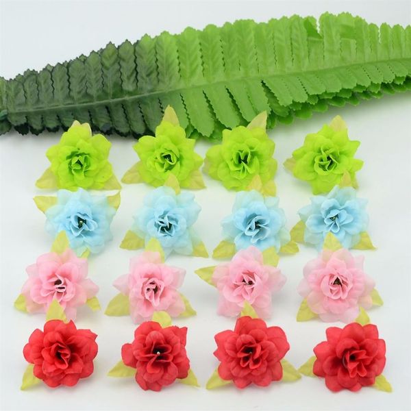 Entier-50 pcs 4 cm à la main mini soie artificielle rose fleurs têtes avec feuilles bricolage scrapbooking fleur baiser boule pour mariage De244E