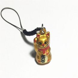 Ensemble de 50 pièces chat porte-bonheur en or Maneki Neko cloche japonaise 2 3 cm or riche noir Strap227r