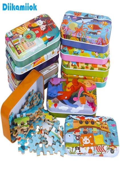 Puzzle en bois de 60 pièces entières, boîte en fer pour enfants, véhicule Animal de dessin animé, jouet éducatif pour bébé, Christm7384749