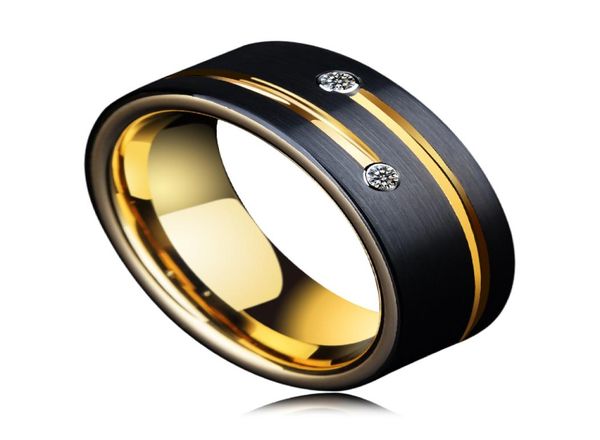 Anillos de boda de piedra CZ para hombre de 8 mm, diseños de anillos de tungsteno negros para hombres con ranura dorada1835856