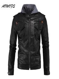Whole AOWOFS Hooded Leather Jackets Men Safari Coats Black Moto Leather Jackets with Hood Hip Hop Fashion Male Leather Jacket8179063