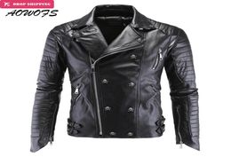 Whole AOWOFS Mens Leather Jackets Black Motorcycle Jackets Skulls Rivets Oblique Zipper Slim Fit Quilting Punk Leather Jacket2615013