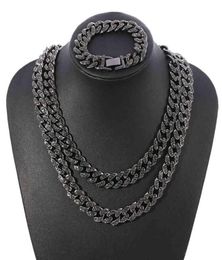 Black entier noir 13 mm Iced Out Cumbic Zircon Diamond CZ Cuban Link Chain Miami Cuba Collier Bracelet Hip Hop Bijoux pour Men2248941