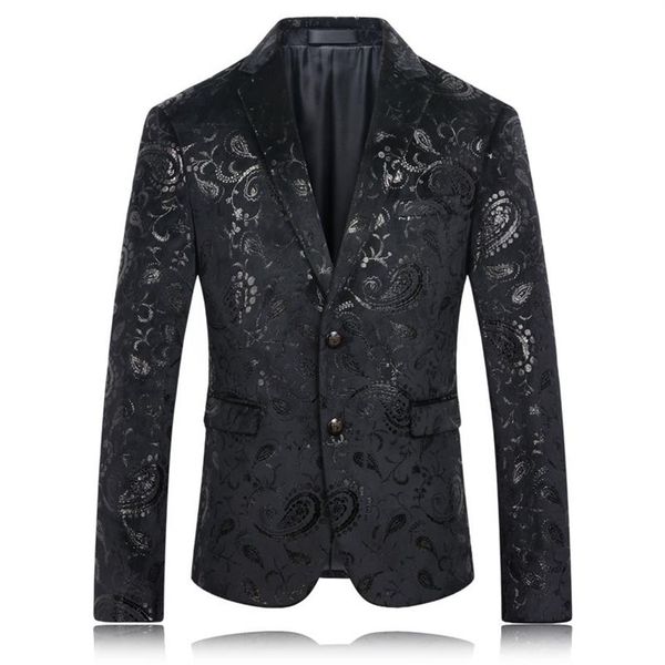 Blazer noir entier pour hommes, motif Floral Paisley, veste de costume de mariage, coupe cintrée, Costumes élégants, vêtements de scène pour chanteur, Blazer2646