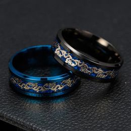 Intero anello nero blu da uomo tradizionale cinese con drago in oro intarsiato con anelli in acciaio inossidabile blu gioielli di moda2675