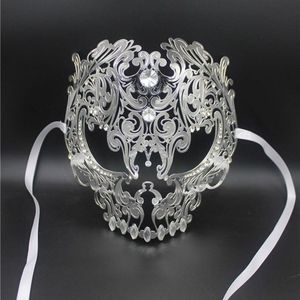 Masques de fête de mascarade d'argent découpés au laser en métal noir complet pour hommes et femmes, boule rouge en or strass, bal vénitien Ma224K