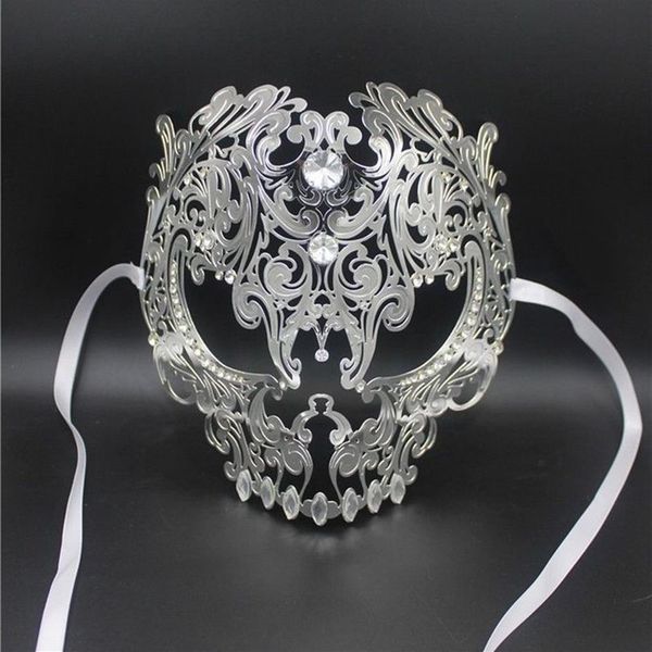 Masques de fête de mascarade d'argent découpés au laser en métal noir complet pour hommes et femmes, boule rouge en or strass, bal vénitien Ma307D