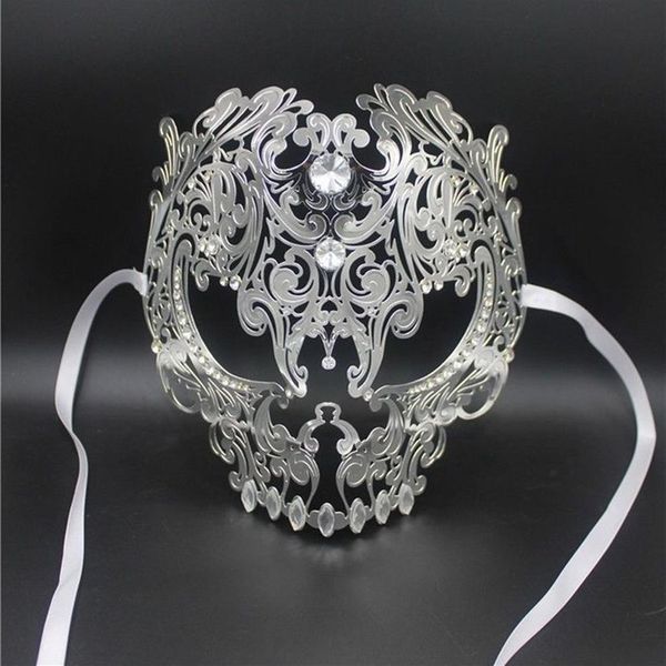 Masques de fête de mascarade d'argent découpés au laser en métal noir complet pour hommes et femmes, boule rouge en or strass, bal vénitien Ma283F