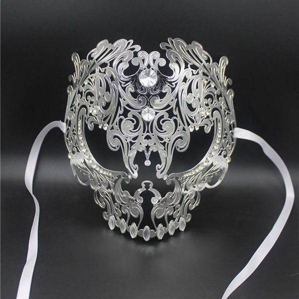 Entero-Negro Cara Completa Cráneo Hombres Mujeres Metal Corte Láser Plata Mascarada Fiesta Máscaras Oro Bola Roja Rhinestone Prom Veneciano Ma236q