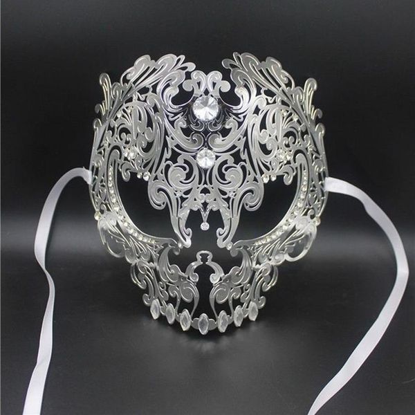 Masques de fête de mascarade d'argent découpés au laser en métal noir complet pour hommes et femmes, boule rouge en or strass, bal vénitien Ma2448