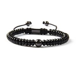 Bijoux noirs entiers, pierre d'onyx noire plate naturelle avec perles en laiton de 8mm, Bracelet en macramé pour hommes, nouvel arrivage, 249P