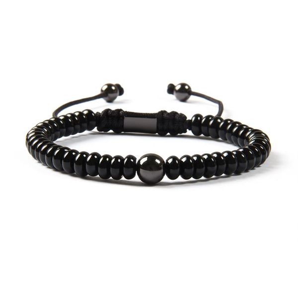 Joyería negra entera, recién llegado, piedra de ónix negra plana Natural con cuentas de latón de 8mm, pulsera de macramé para hombres 294M