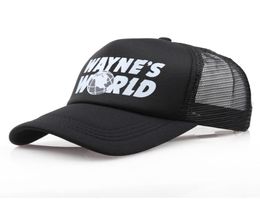 Hele zwarte Waynes World Baseball Caps Unisex Hip Hop Hat Sunhat Wayne039S Wereldhoed kostuum geborduurde mesh hoeden Trucker 8250619
