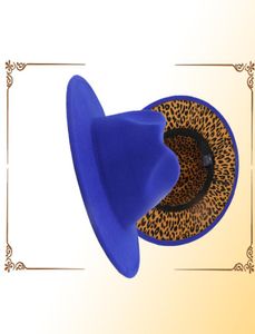 Heel blauw met luipaard bodem jazz zachte mannen vrouwen feestmuziek zwarte hoed brim wol tweekleurige fedora hoed voor unisex7097887