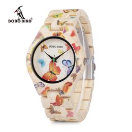 Hele Bobo Bird Ladies kijkt Bamboo Wood Quartz Butterfly Hour Brand Designer Festival Gifts With Box Drop 254B