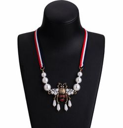 Hele Boheemse Mode Kristal Parel Bee Hanger Ketting Gestreept Lint Trui Keten Vrouwen Charme Sieraden Accessoires3469153