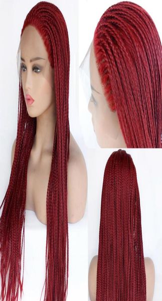 Pelucas de encaje trenzado entero pelo rojo para mujeres negras peluca con trenzas largas sintéticas resistentes al calor sin pegamento media mano atada 3109838