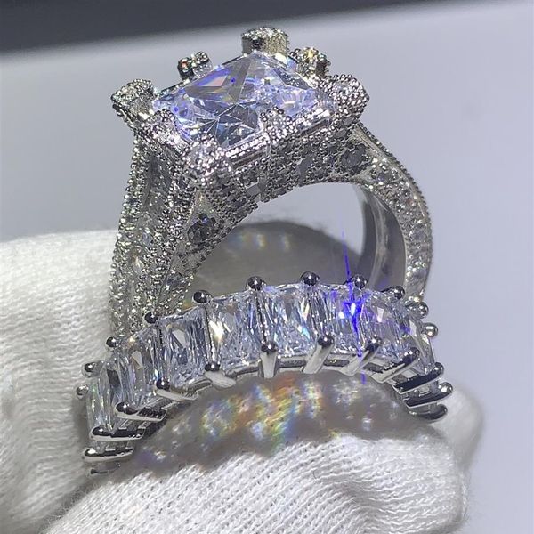 Nouvelle bijoux de mode vintage de marque entier 925 STERLING Silver Princess Cut White Topaz CZ Diamond Femmes Anneau de mariée de mariage Set 275Z