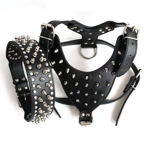 Hele bruine grote spikedstudded lederen hondenharnesscollar set voor pitbull mastiff202q