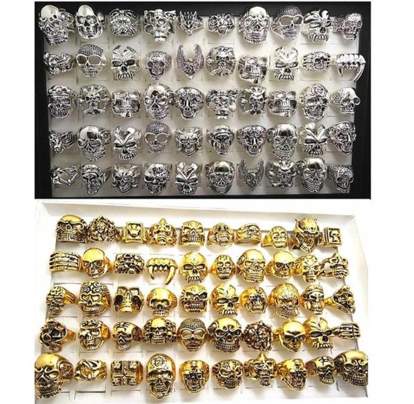 Lot en vrac entier 50pcs Silver Gold Gothic Skull Rings For Men Women Punk Style Biker Ring Jewelry Brand New264V7519930