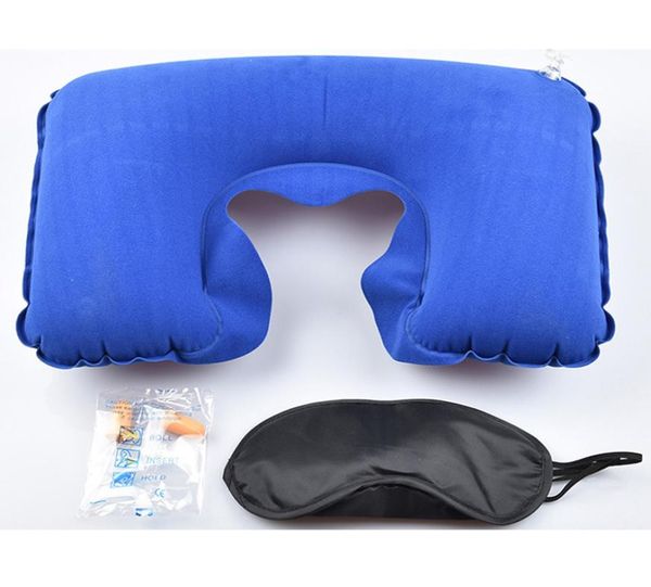 Almohada suave para todo el coche, juego de viaje 3 en 1, almohada inflable para el cuello en forma de EE. UU., cojín de aire, mascarilla para dormir, visera, tapones para los oídos DB1651137