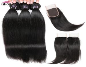 Paquets de cheveux raides brésiliens bon marché 8A avec fermeture 3 pièces Extensions de cheveux avec fermeture à lacets 4x4 tisse 4092521