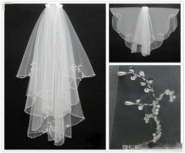 Veaux nuptiaux perlées bon marché deux couches en tulle du coude de coude Veaux de mariage perlé pour le mariage rapide en stock2996853