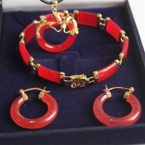 Boucles d'oreilles pendantes bracelet jade rouge 18kgp naturel entier pas cher set299N