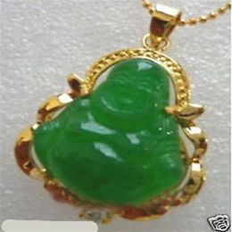 Hele goedkope nieuw vergulde groene jade Boeddha hanger ketting3015