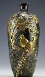 Whole Cheap Z Chinese Collection Bronze Statues Goldplating Flower Bird Vase pot 20cm214n6909712