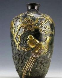 Hele goedkope z Chinese verzameling bronzen beelden Goldplating Flower Bird Vase Pot 20Cm214N6609538