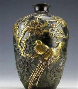 Hele Goedkope Z Chinese Collectie Bronzen Beelden Goldplating Bloem Vogel Vaas pot 20cm214n2703479