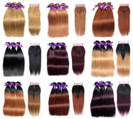 Cheveux de couleur entiers 3 paquets avec 4x4 Vendeurs de cheveux de fermeture en dentelle brésiliens Brésiliens Human Fair Weaves Natural Black Pure Ombre 8770856