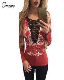 Whole CWLSP T shirt Women V Neck long sleeve tshirt ROCK N ROLL Hollow Out Lace Up Tshirts for women plus size korean fashio9180115