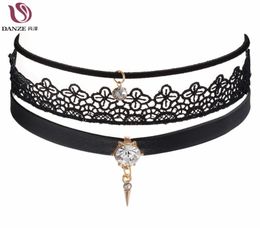 Hele Danze 3 PCS set Steampunk Crystal Stone hanger lederen kettingen voor vrouwen Vintage Lace Choker ketting Fashion Jewelr4848529