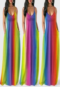 Designer entiers Vêtements Bohemian Rainbow Print Robes d'été en vrac Fashion Femmes Spaghetti Spaghetti Bodycon Long Maxi 6634269