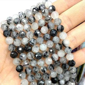 Hele Faceted Black Rutilated Quartz 100% losse natuurlijke ronde steen kralen voor sieraden maken DIY armband 6/8 / 10mm 15 ''