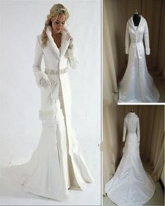 Robe de mariée en satin blanc sans bretelles, ligne A en fourrure entière, cape de mariée d'hiver, manteau en Satin à manches longues avec traîne chapelle pour bride4496715