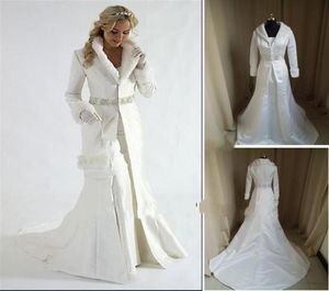 Vestido de novia blanco de invierno de satén sin tirantes, abrigo de línea A, abrigo de manga larga de satén con tren capilla para novia, 9134838