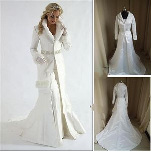 Hele bont A lijn Wrap strapless satijn Wit Winter Trouwjurk Mantel Kapel Trein Satijn Lange Mouw Jas voor bride226P